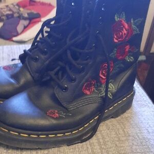 Black Boots with Red Rose Embroidery